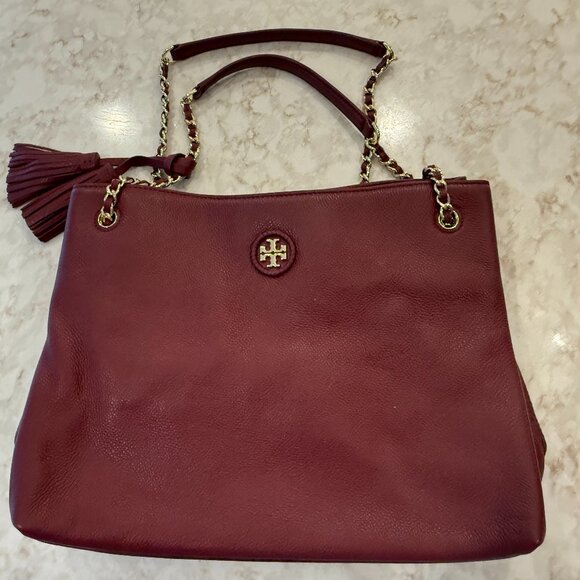EUC Tory Burch Burgundy Leather Shoulder Bag with Gold Accents - Picture 2 of 5